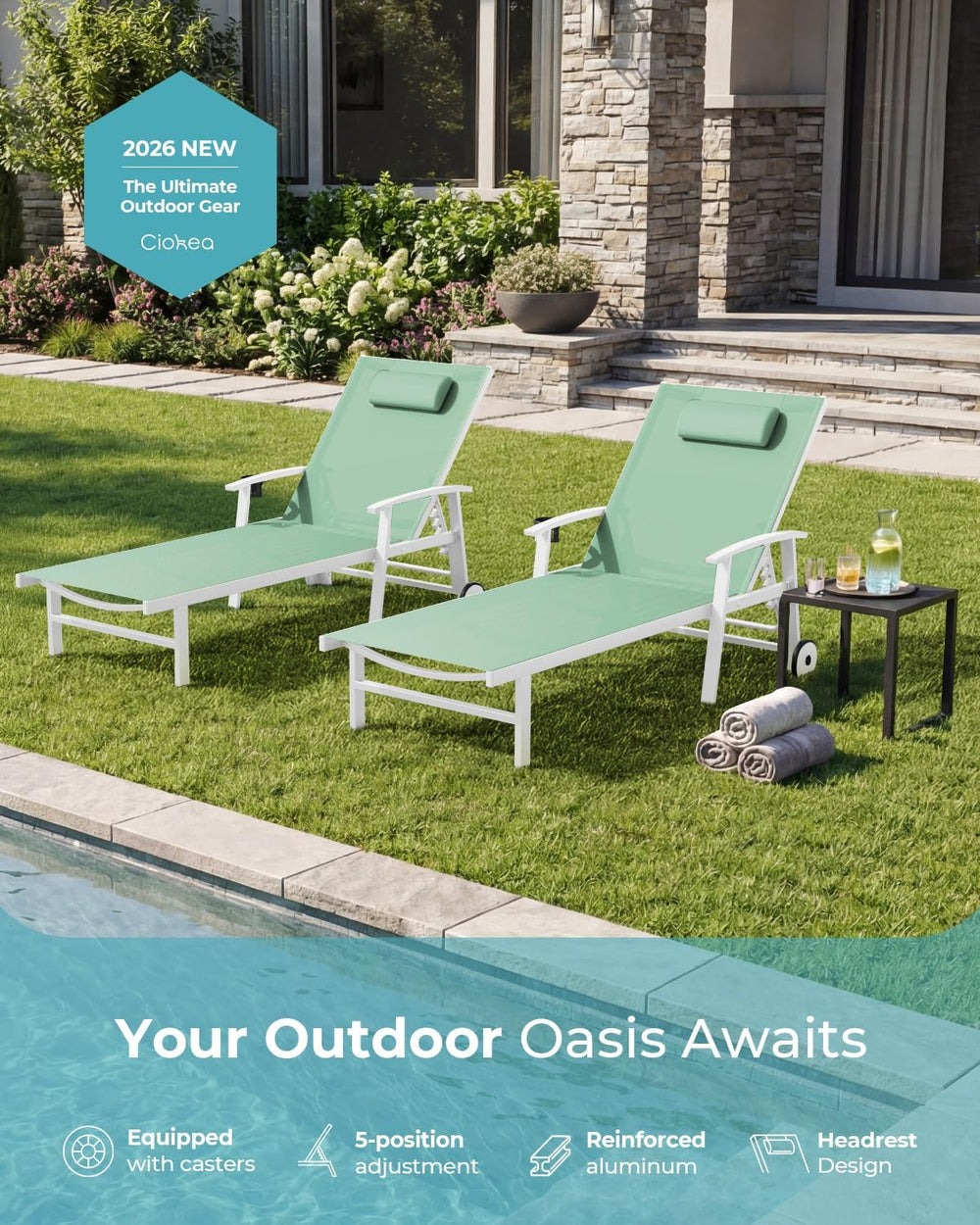 Ciokea Outdoor Lounge Chair with Pillow Set of 2, 5-Position Aluminum Chaise ...