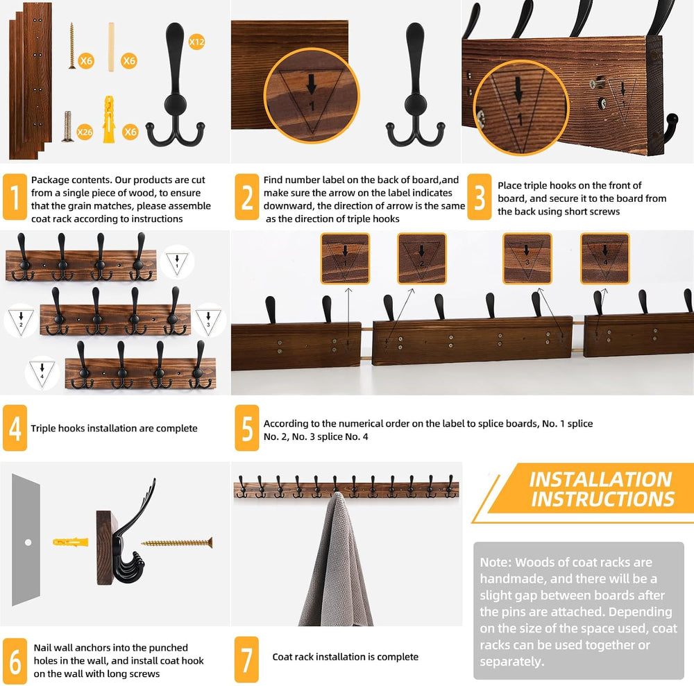 Coat Rack Wall Mount 47.3'' Solid Wood and 12 Hooks for Entryway