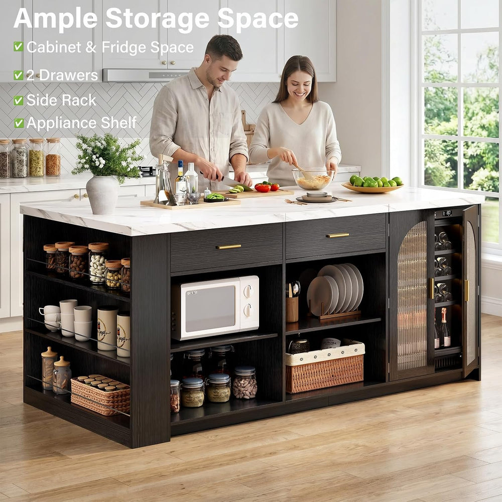 IBF 71" Modern Large Kitchen Island with Storage, White Faux Marble &amp...