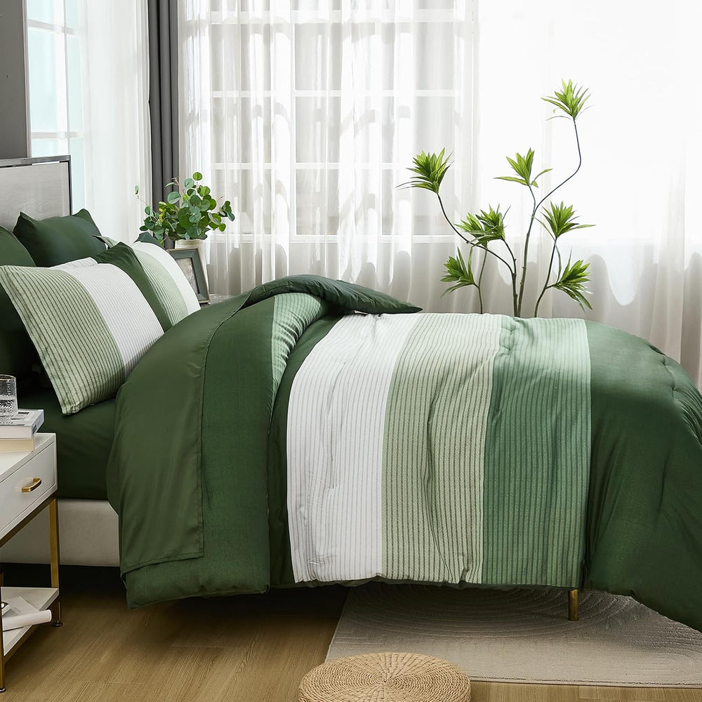 Queen Comforter Set Olive Green, 7 Pieces Boho Striped Bed in a Bag