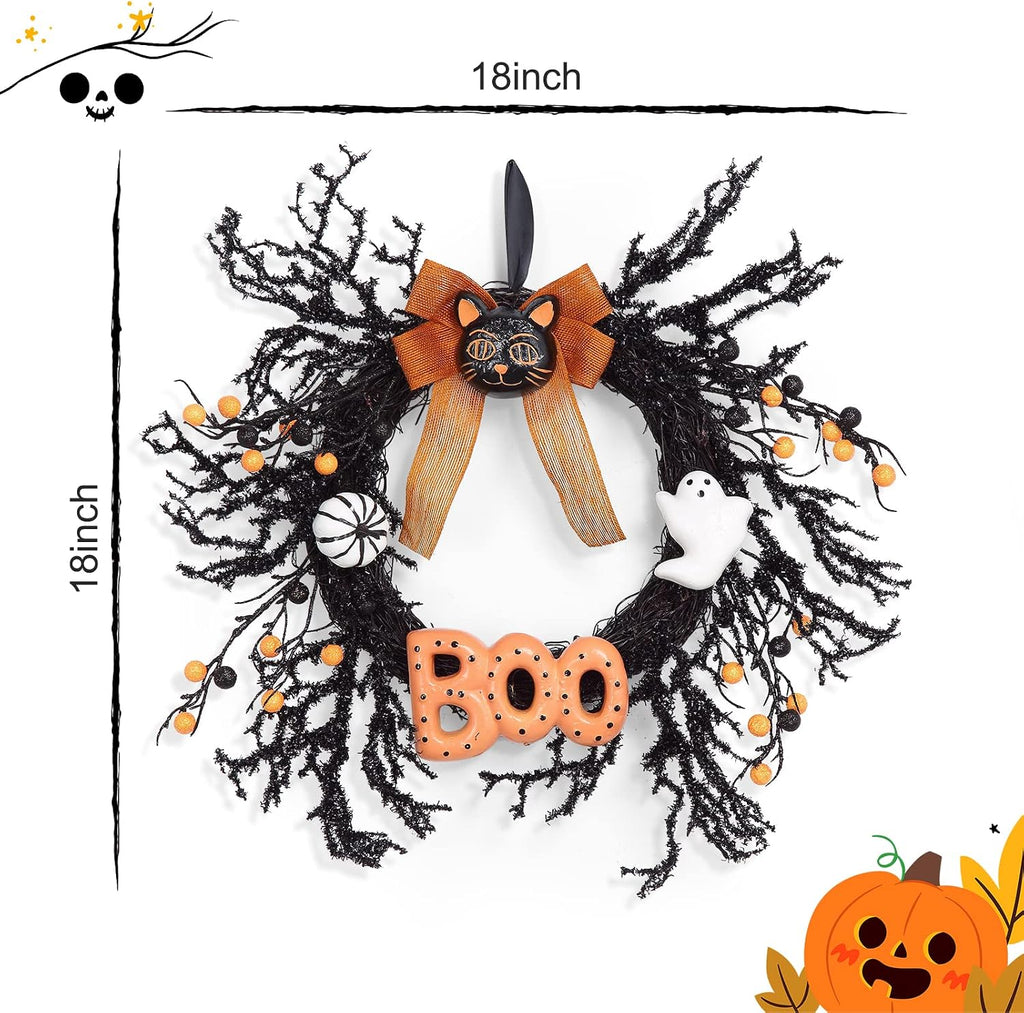 Halloween Wreaths for Front Door, 18Inch Halloween Wreath with Black Cat Boo Sign White Pumpkin and Ghost for Indoor Outdoor Window Proch Halloween Decoration