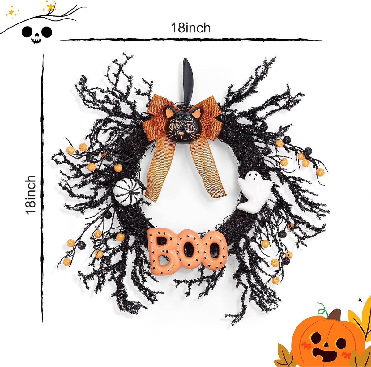 Halloween Wreaths for Front Door, 18Inch Halloween Wreath with Black Cat Boo Sign White Pumpkin and Ghost for Indoor Outdoor Window Proch Halloween Decoration
