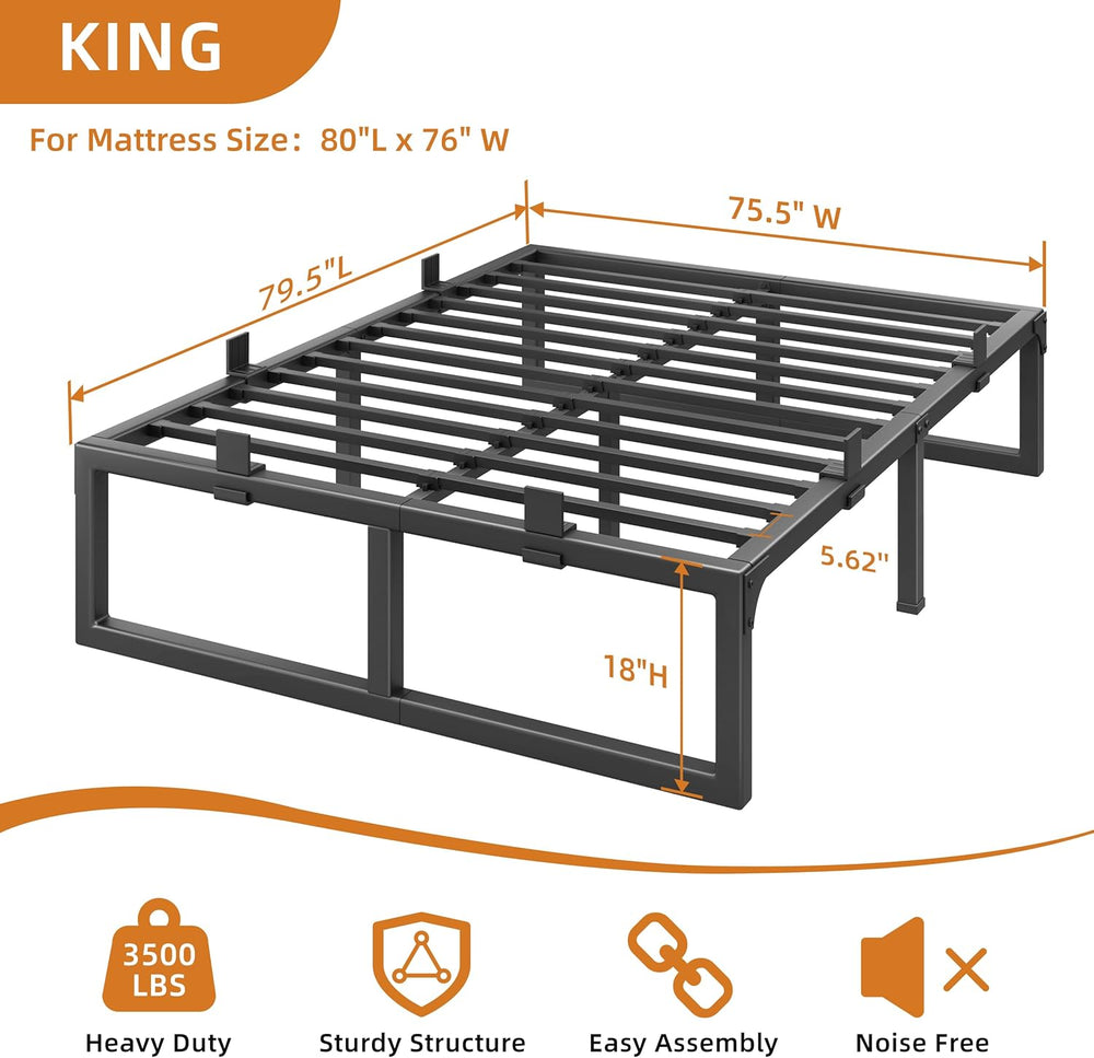 18 Inch Metal King Bed Frame with Steel Support, Noise-Free