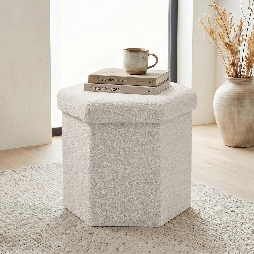 Hexagon Storage Ottoman, 15 Inch Foldable Footstool, Cream White