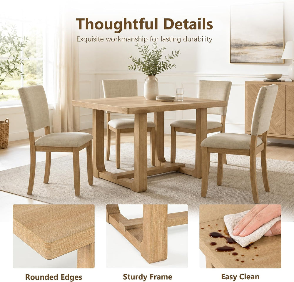 5-Piece Dining Table Set for 4 with Upholstered Chairs, Natural