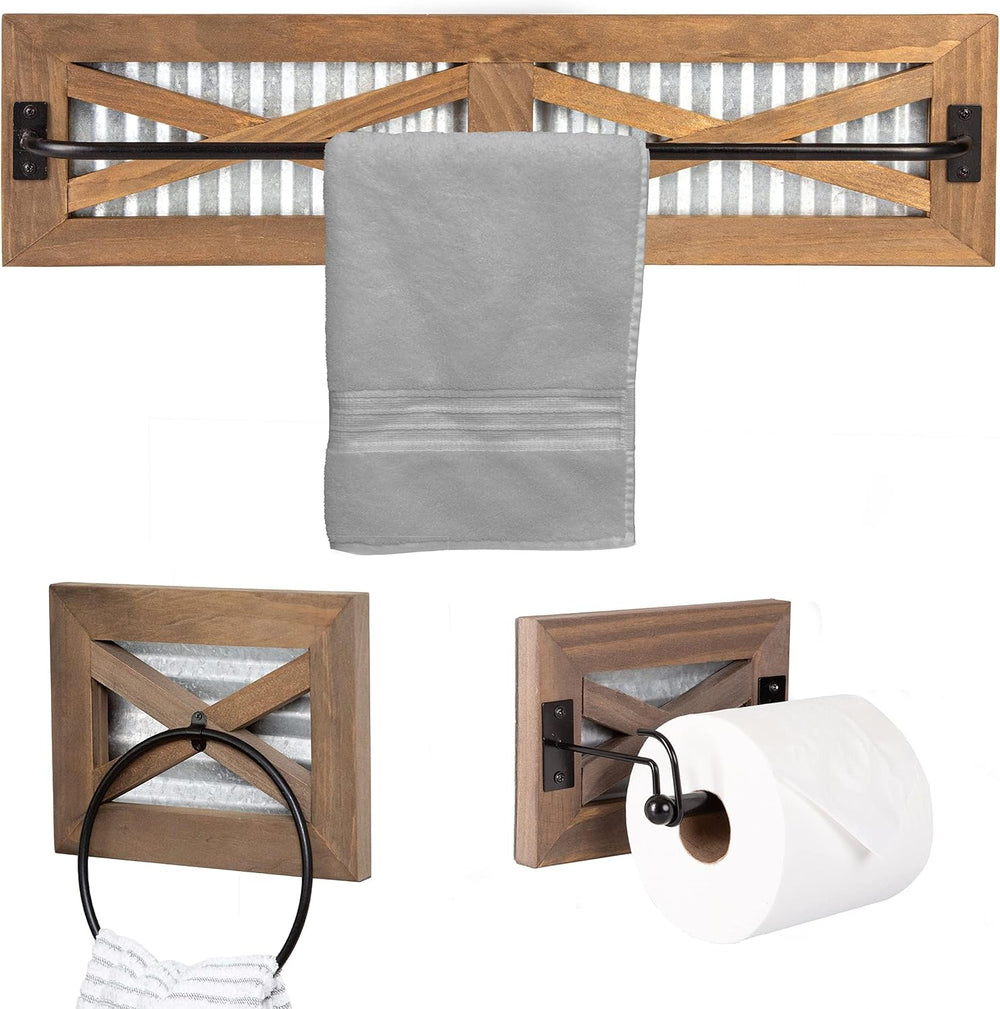 Crutello Rustic Bathroom Set - Towel Bar, Ring & Toilet Paper Holder