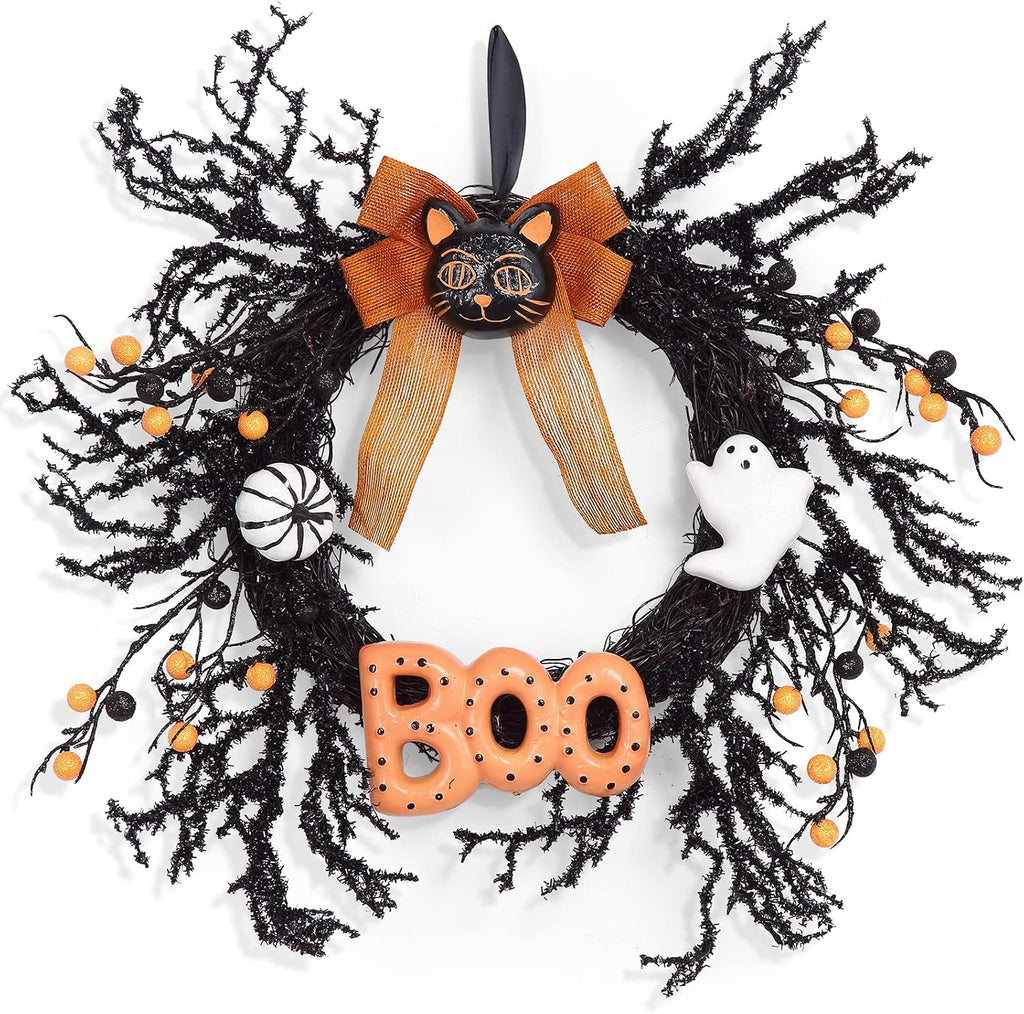 Halloween Wreaths for Front Door, 18Inch Halloween Wreath with Black Cat Boo Sign White Pumpkin and Ghost for Indoor Outdoor Window Proch Halloween Decoration