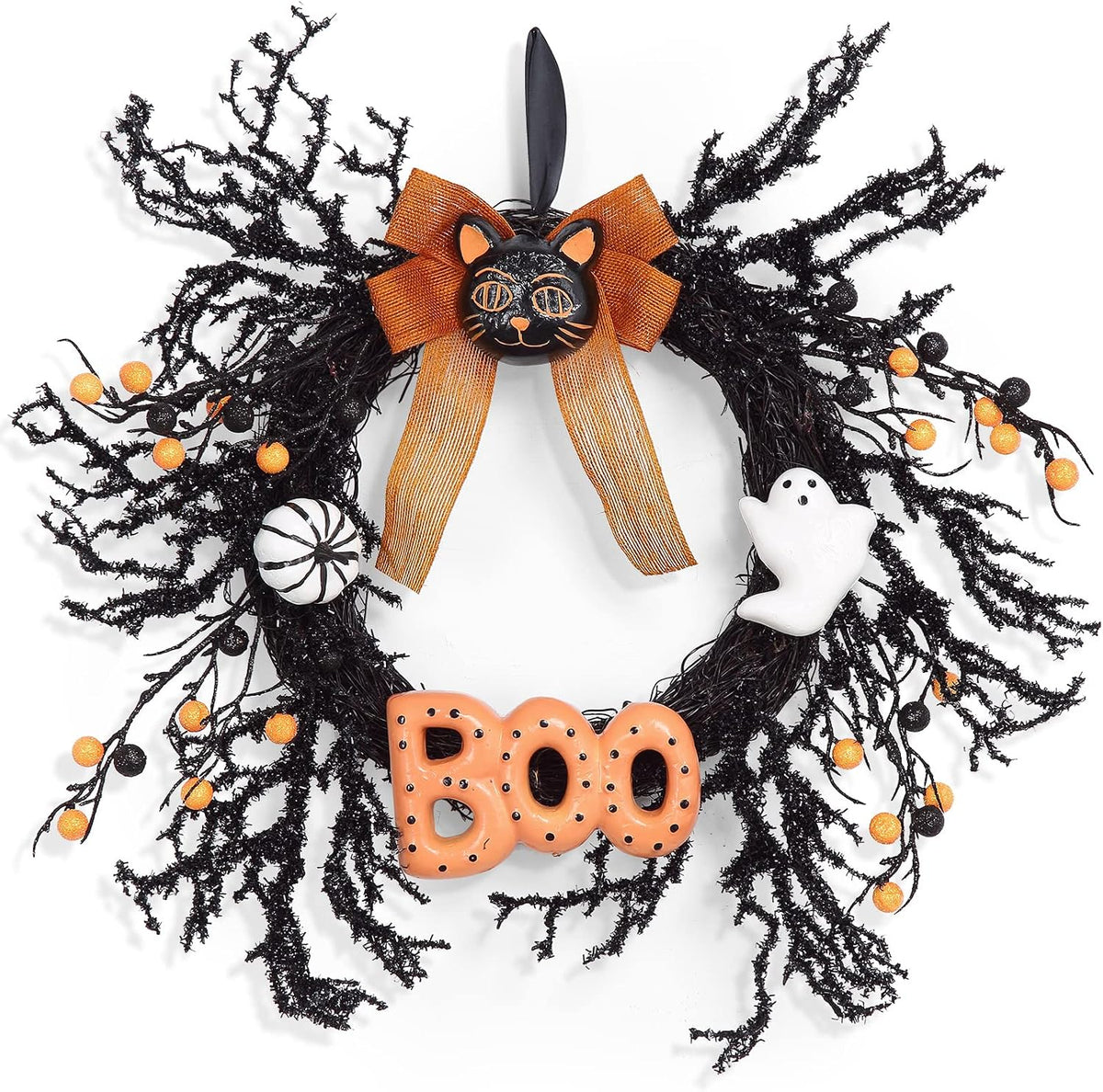 Halloween Wreaths for Front Door, 18Inch Halloween Wreath with Black Cat Boo Sign White Pumpkin and Ghost for Indoor Outdoor Window Proch Halloween Decoration