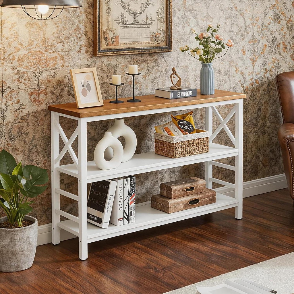 Hombazzar 3-Tier Sofa Table,Console Tables for Entryway,White & Brown 47" | Stable Support,Multi-functional use for home,Easy Assembly,Scratch Resistant & Rustproof