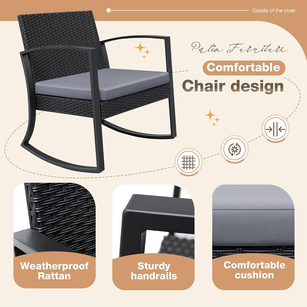 Greesum 3 Pieces Outdoor Furniture Set Patio Bistro Rocking Chairs with Glass...