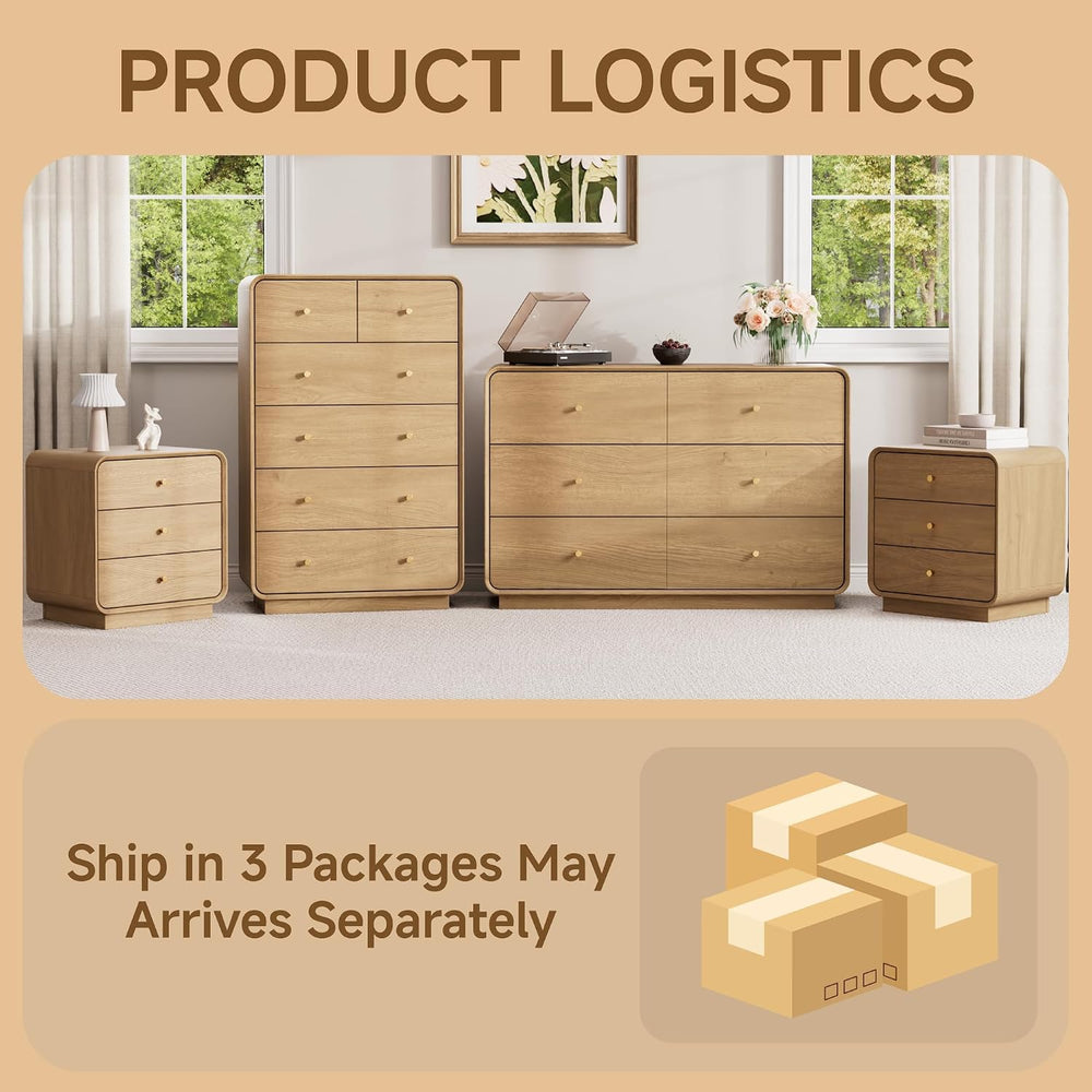 4 Pieces Bedroom Set, 6-Drawer Dresser & 3-Drawer Nightstands Set of 2 wi...