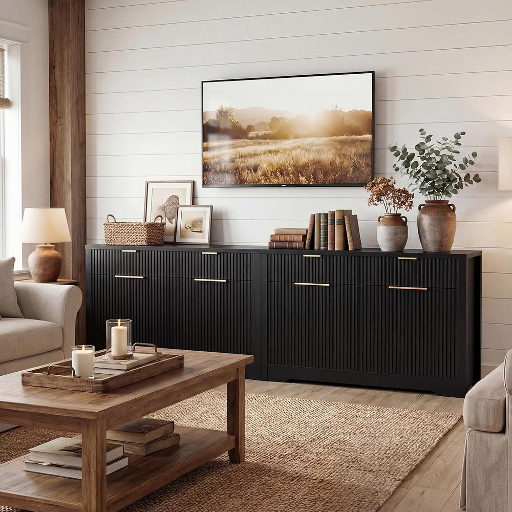 Cyclysio 55" Fluted Sideboard Buffet Cabinet with Drawers (Black, 4 Doors)