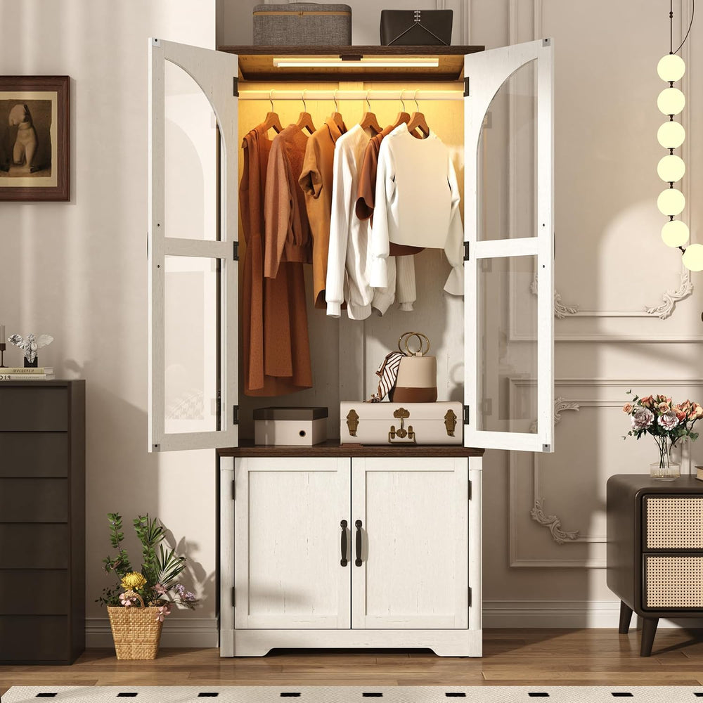 Tall Farmhouse 2 Doors Armoire Wardrobe Closet with LED ,72" Freestandin...