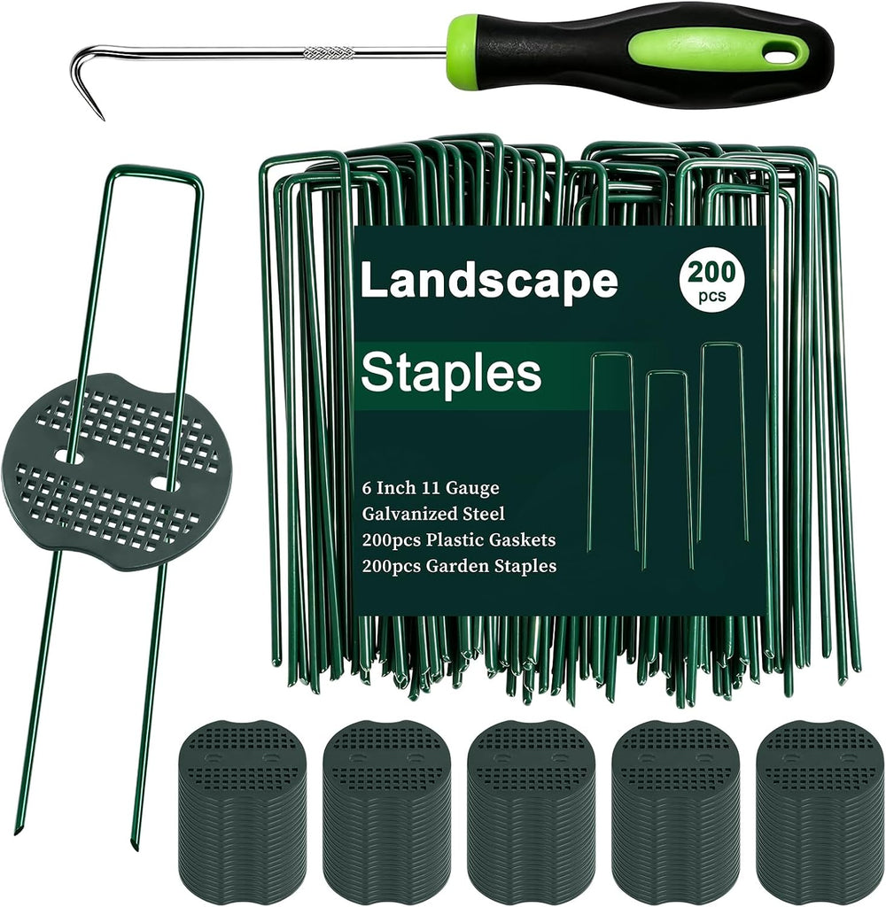 FEED GARDEN 6 Inch 200 Pcs Galvanized Landscape Staples 200 Pcs Gaskets Pick ...