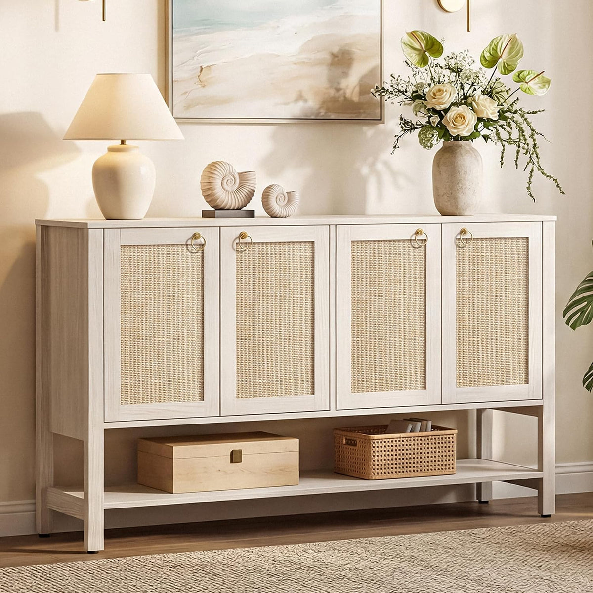 SICOTAS White Sideboard Buffet Cabinet with Rattan Doors, 55" Boho Credenza