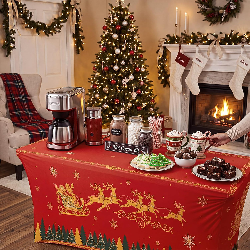 Haull 2 Pcs Santa's Sleigh Spandex Tablecloth 6ft Stretch Christmas