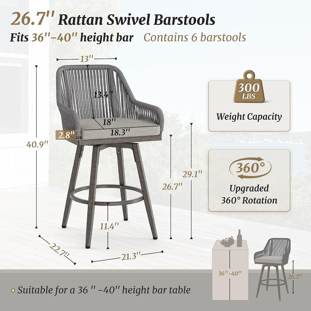 Cozyman Outdoor Bar Stools Set of 6, 360° Swivel Aluminum Rattan Bar Stool with Olefin Rope Curved Backrest and Armrest, Modern BarStools with Removable Cushion for Patio, Garden, Kitchen, Grey