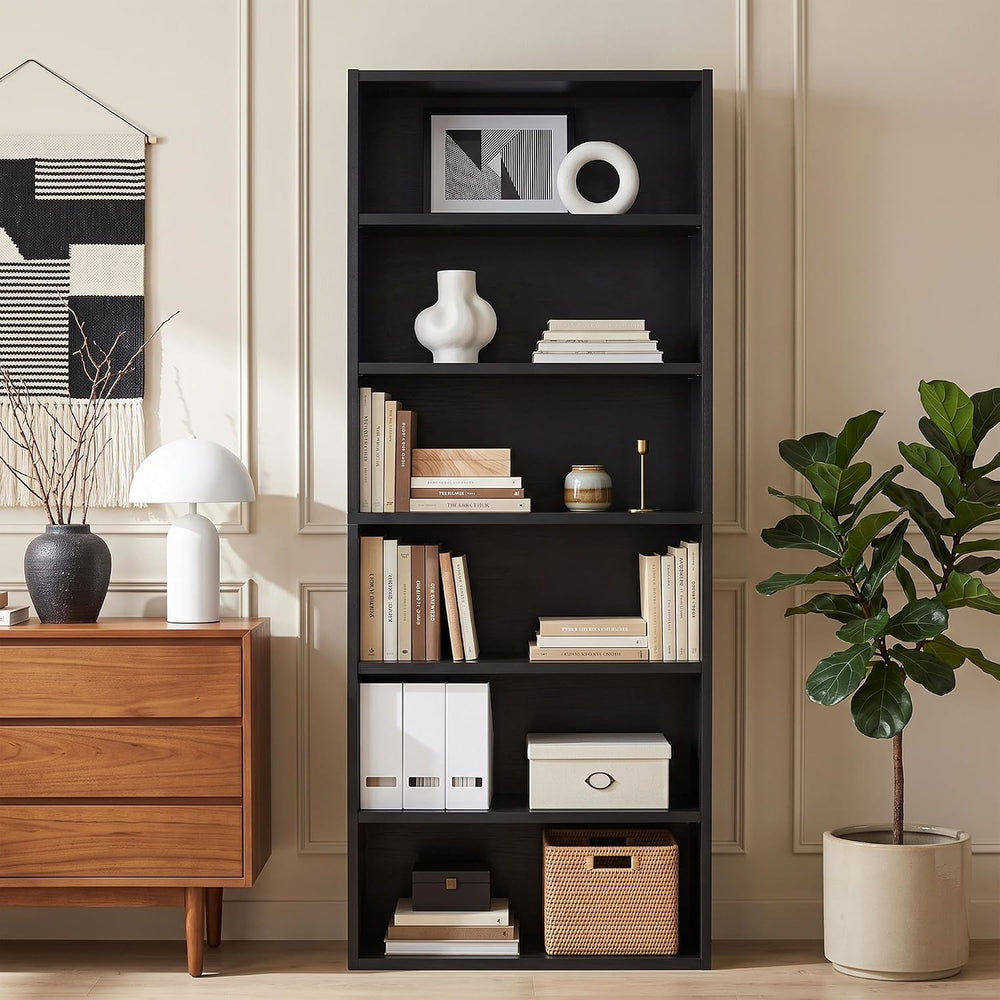 Black Tall Bookshelf with Adjustable Shelf, 6 Tier Display Storage Shelves