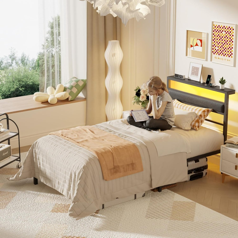 OURPIC Twin Bed Frames, Upholstered Headboard and Storage Shelf, Black