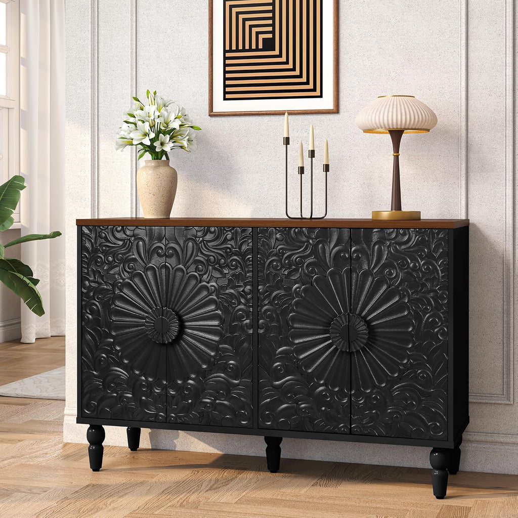 Sideboard Buffet Cabinet with 4 Carved Flower Doors, Black