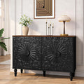Sideboard Buffet Cabinet with 4 Carved Flower Doors, Black