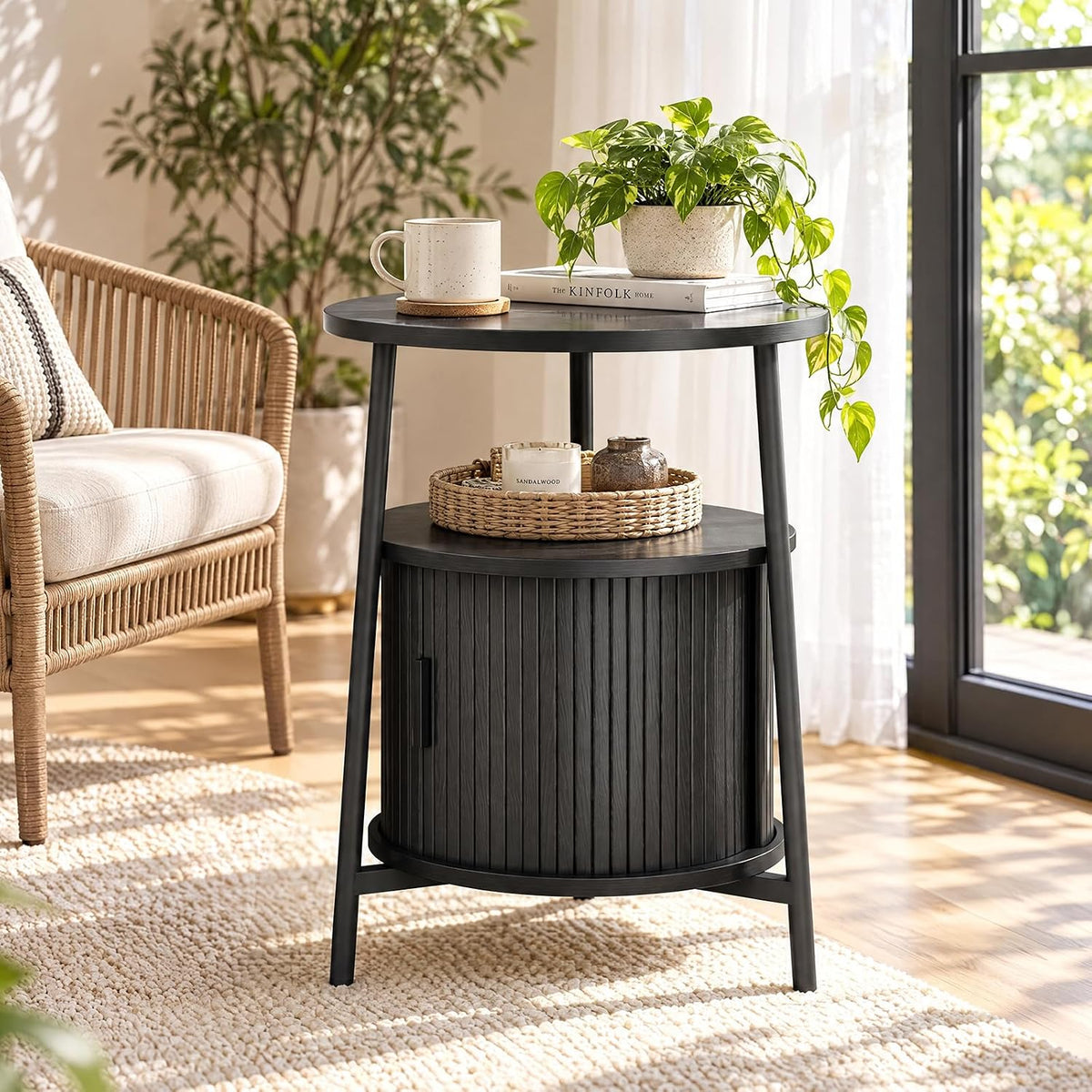 ONBRILL Round Fluted Side Table with Storage, Nightstand, 2 Sets Black