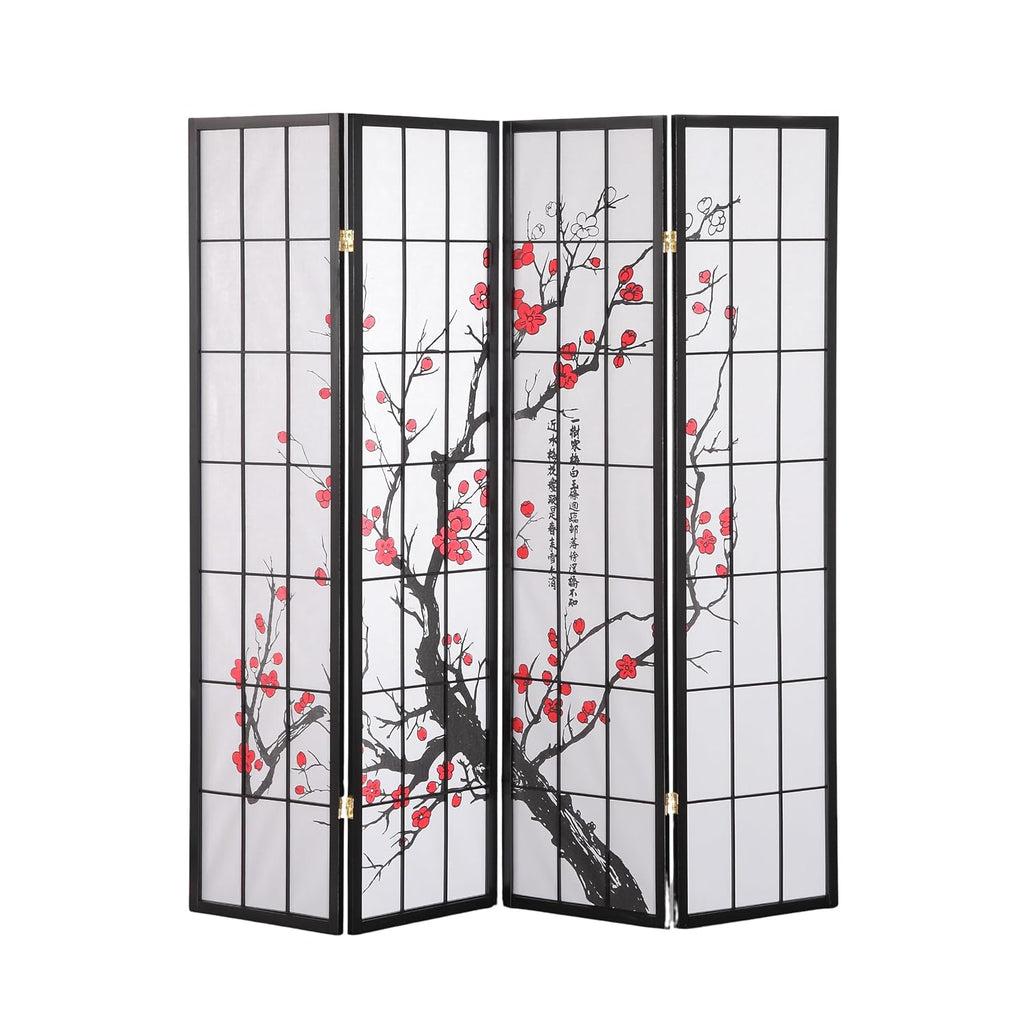 Roundhill Furniture Black Japanese 4-Panel Screen Room Divider, Plum Blossom