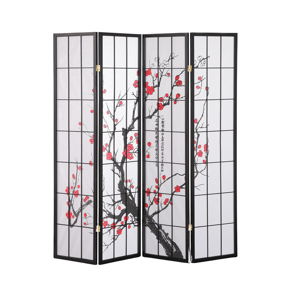 Roundhill Furniture Black Japanese 4-Panel Screen Room Divider, Plum Blossom