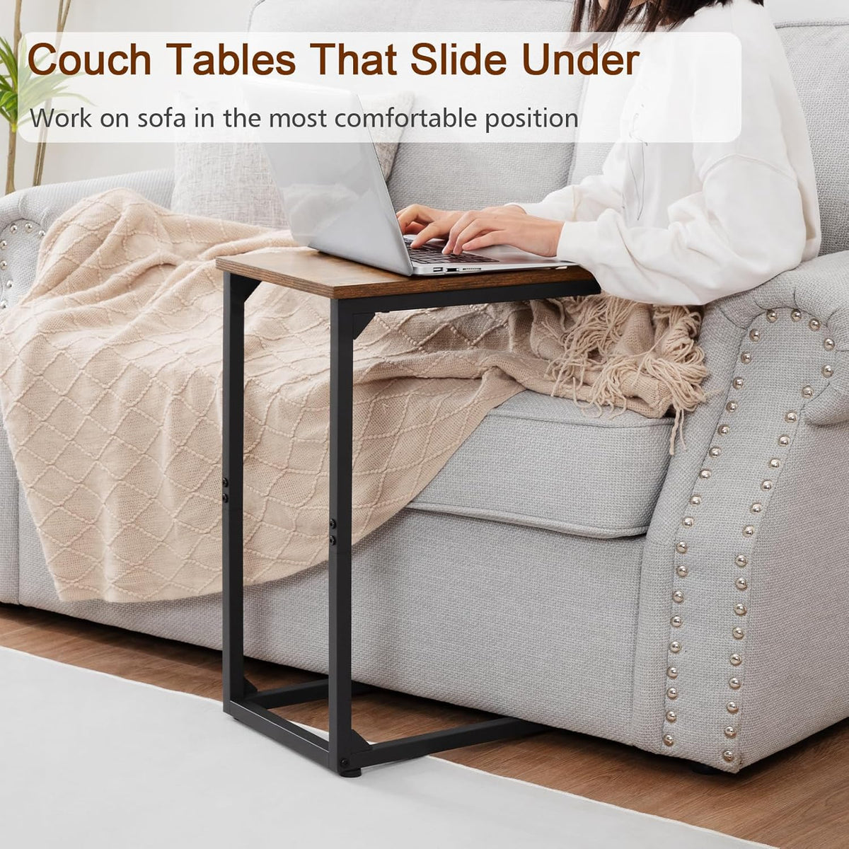 AMHANCIBLE C Shaped End Table，Large Turntable Stand with Storage Cabinet