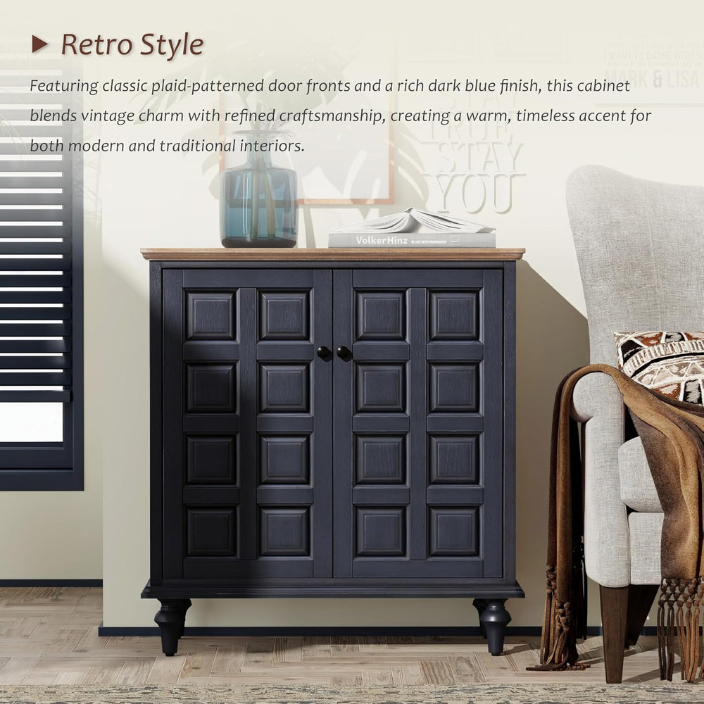 Aoikax Retro 2 Door Storage Cabinet, Dark Blue, Natural Wood