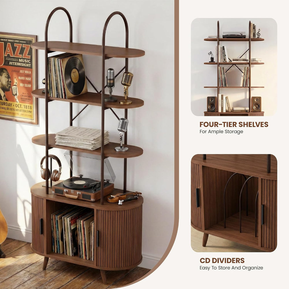 Tall Vinyl Record Player Stand with Sliding Doors, 4 Tier Shelf, Black