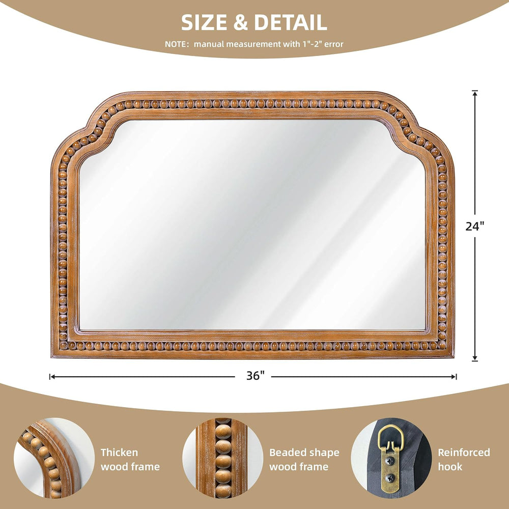 36x24 Inch Farmhouse Arch Wall Mirror Wood Beaded Framed
