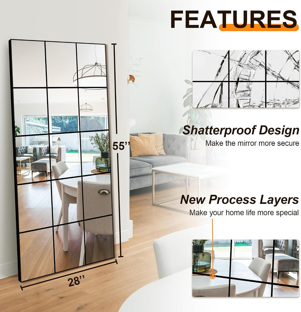 Delma Window Pane Full Length Mirror 28"x55" Large Window Wall Mirr...