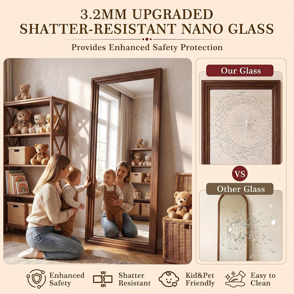 76"x34" Full Length Mirror, Large Wood Floor Mirror, Walnut