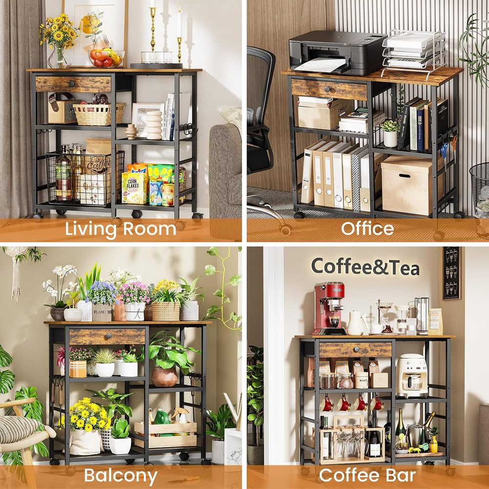 Microwave Stand, Coffee Cart, Microwave Cart with Wheels & Adjustable Shelf
