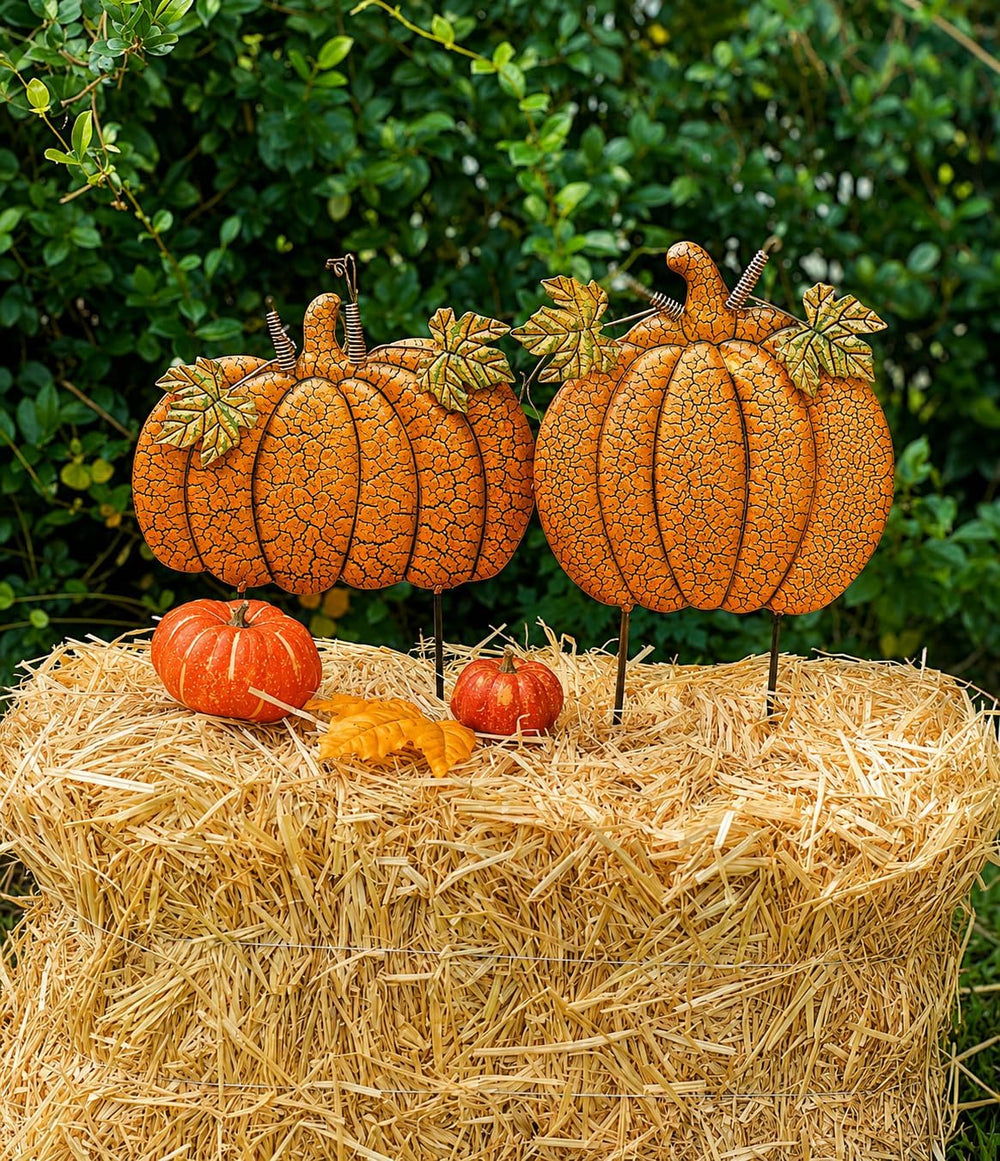 S/2 Garden Stakes Metal Pumpkins Outdoor Decor Thanksgiving Fall Harvest Hall...