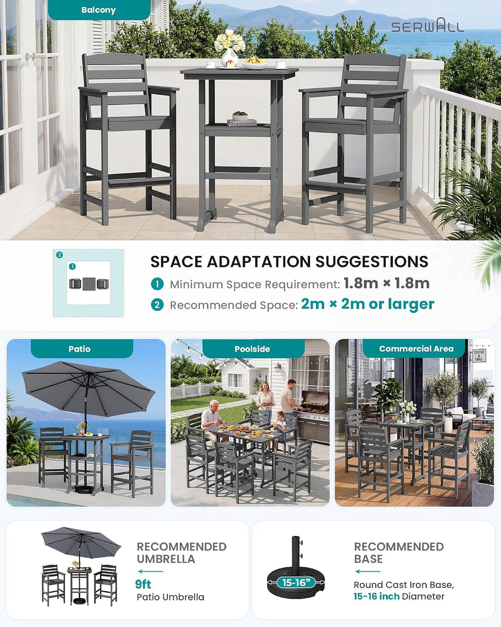 SERWALL 3 Pcs HDPE Bar Height Chairs and Double Layer Pub Table Set, Gray