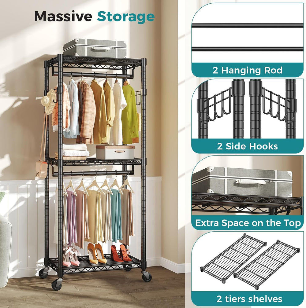OLIXIS Rolling Clothes Rack, Heavy Duty Garment Rack, 23 IN, Metal, Black