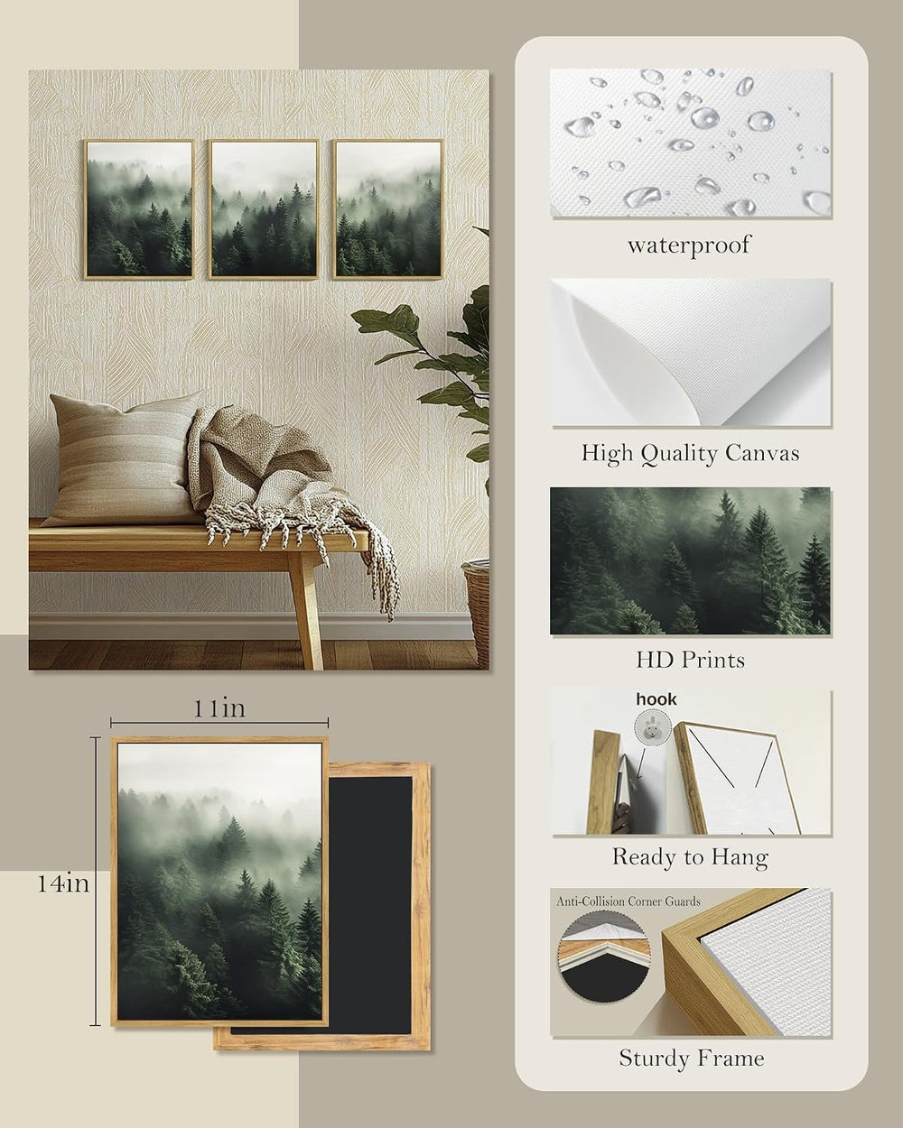 SHENIFY Green Fog Pine Tree Forest Canvas Wall Art 11x14in Framed Modern Artw...
