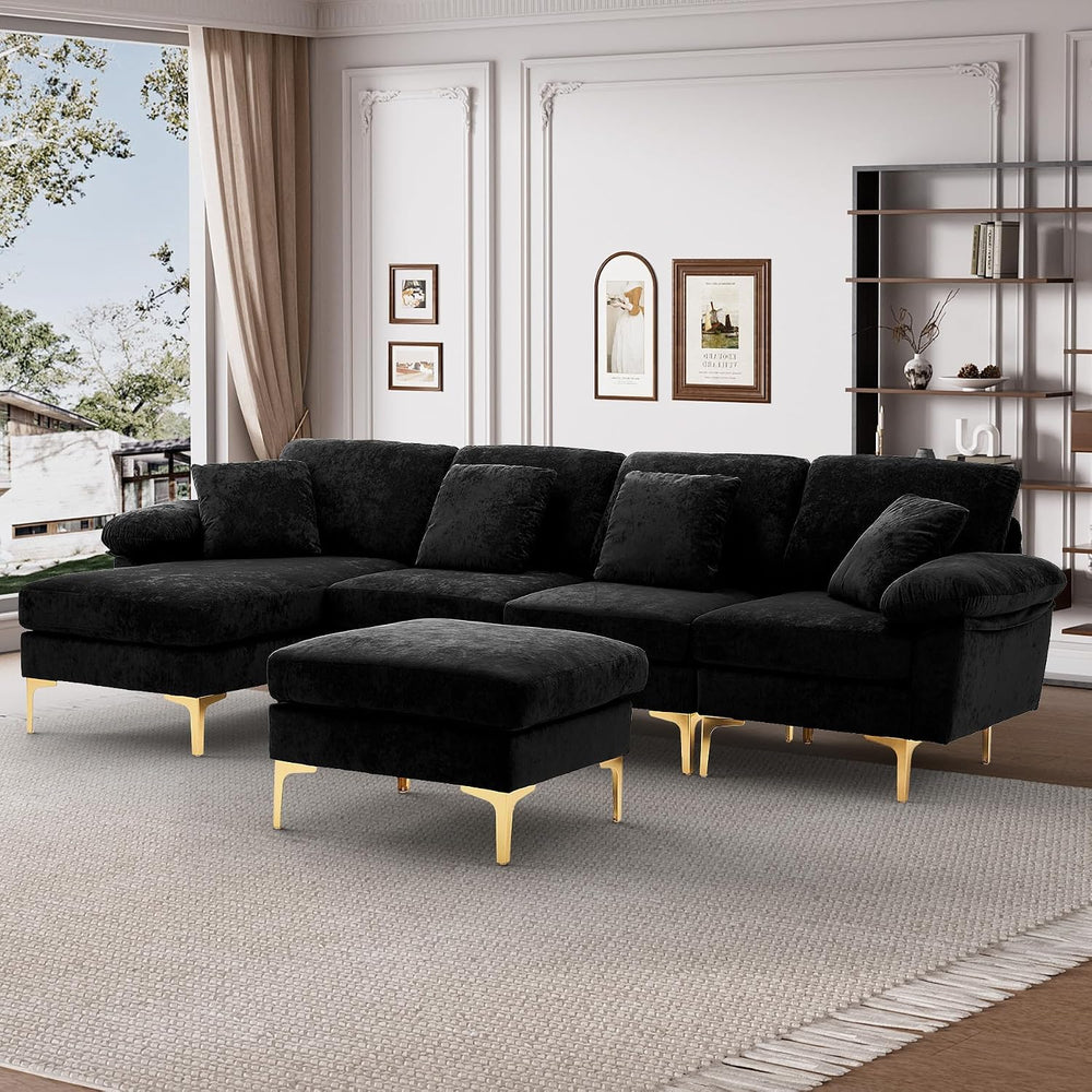 Wrofly 114" U-Shaped Velvet Sectional Couch with Ottoman, Black