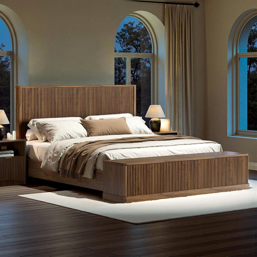 Evermagin Fluted Walnut King Bed Frame with 51'' Headboard & Stor...