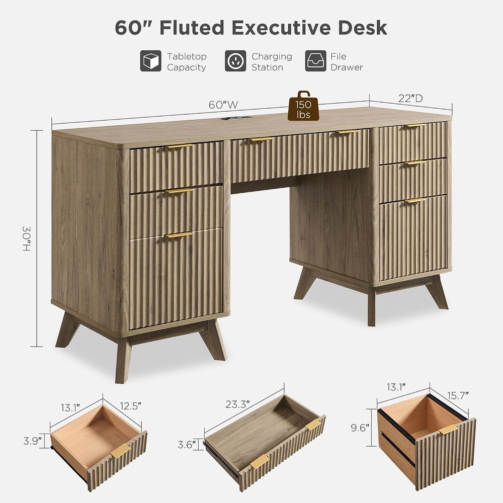 T4TREAM 60" Modern Fluted Executive Desk with Drawers, Alder Grey