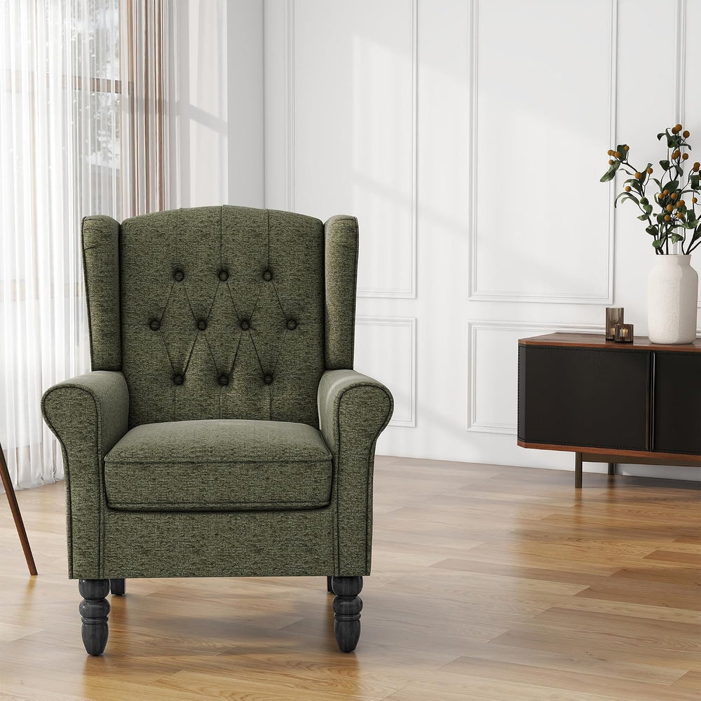 High Back Accent Chair, Fabric Upholstered Wingback Armchair, Green