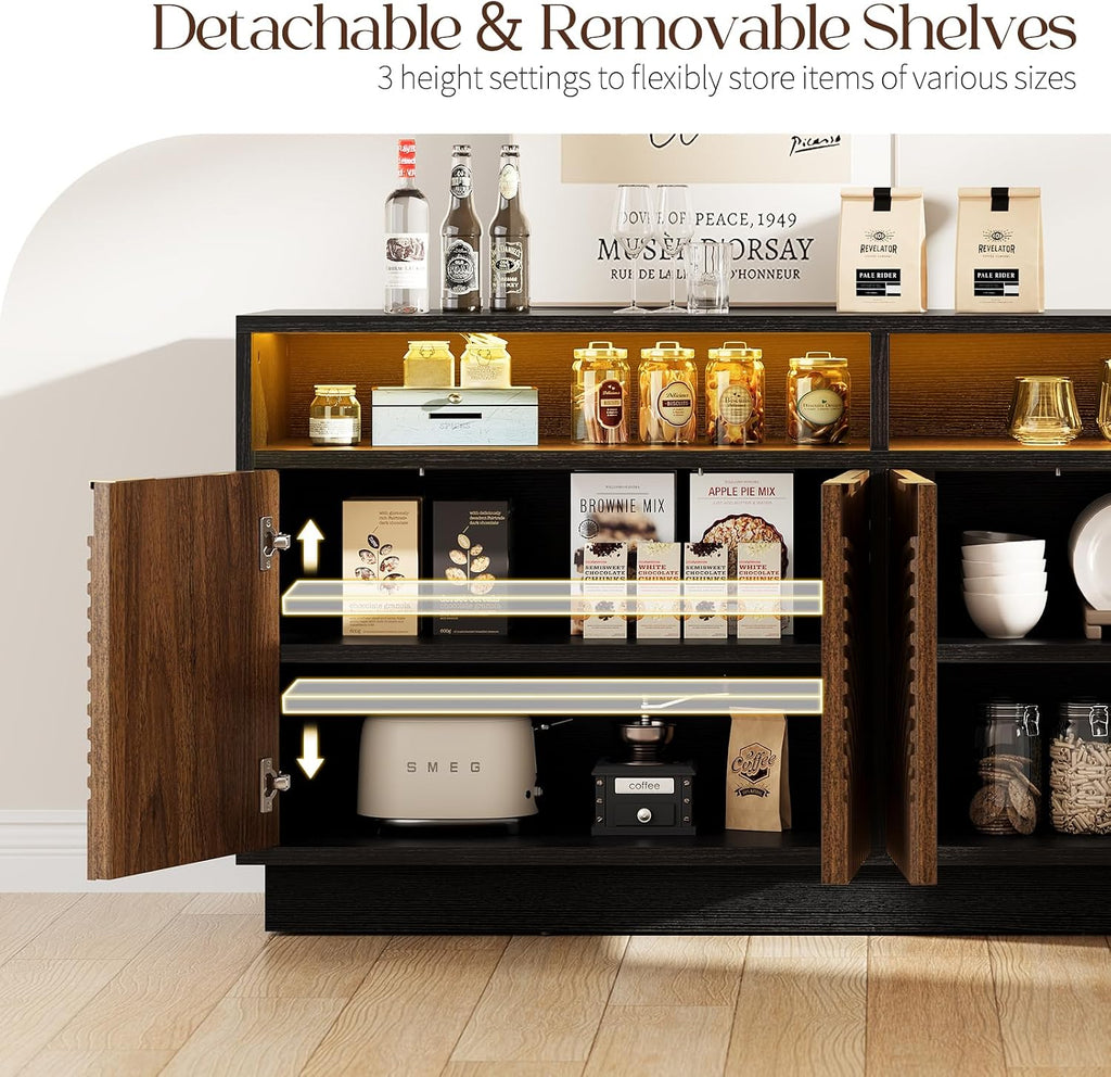 Modern Sideboard Buffet Cabinet with Storage - 58" Fluted Coffee Bar Cabinet with LED Light & Power Outlet, Adjustable Shelf, Credenza Strorage Cabinet, Accent Console for Kitchen Living Room