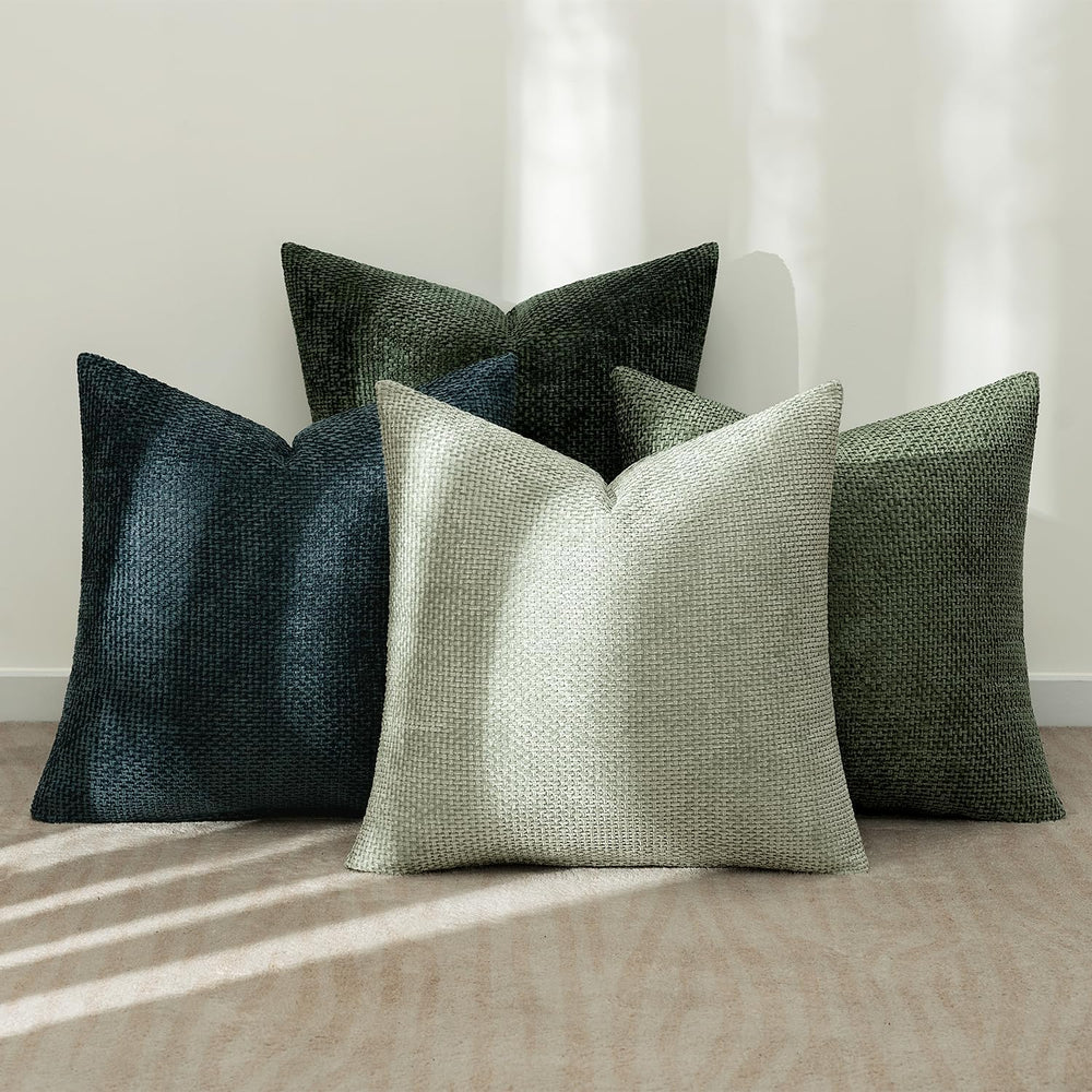 MIULEE Soft Decorative Chenille Pillow Covers Green Navy 18x18 Pack of 4