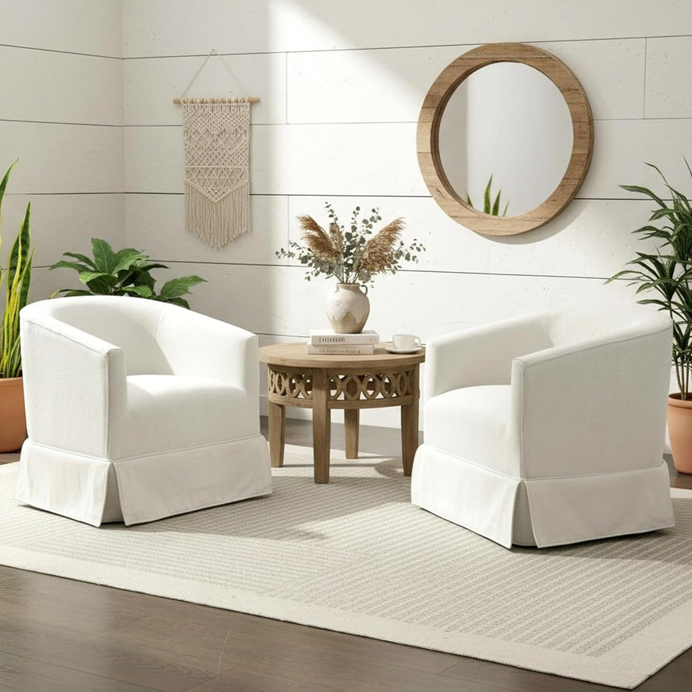 Swivel Accent Chair, Barrel Chair with Skirted Base, Cream White