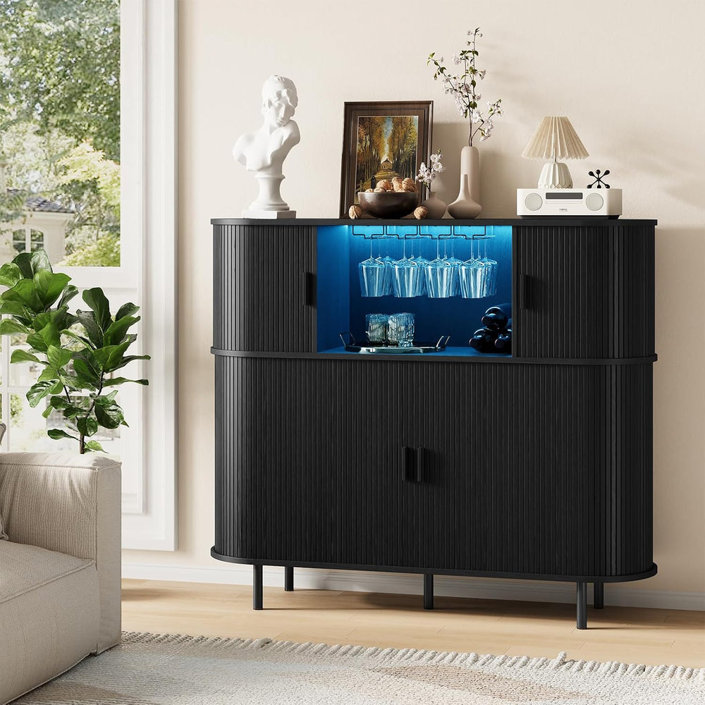 ONBRILL 55" Fluted Wine Bar Cabinet with Power Outlet Black