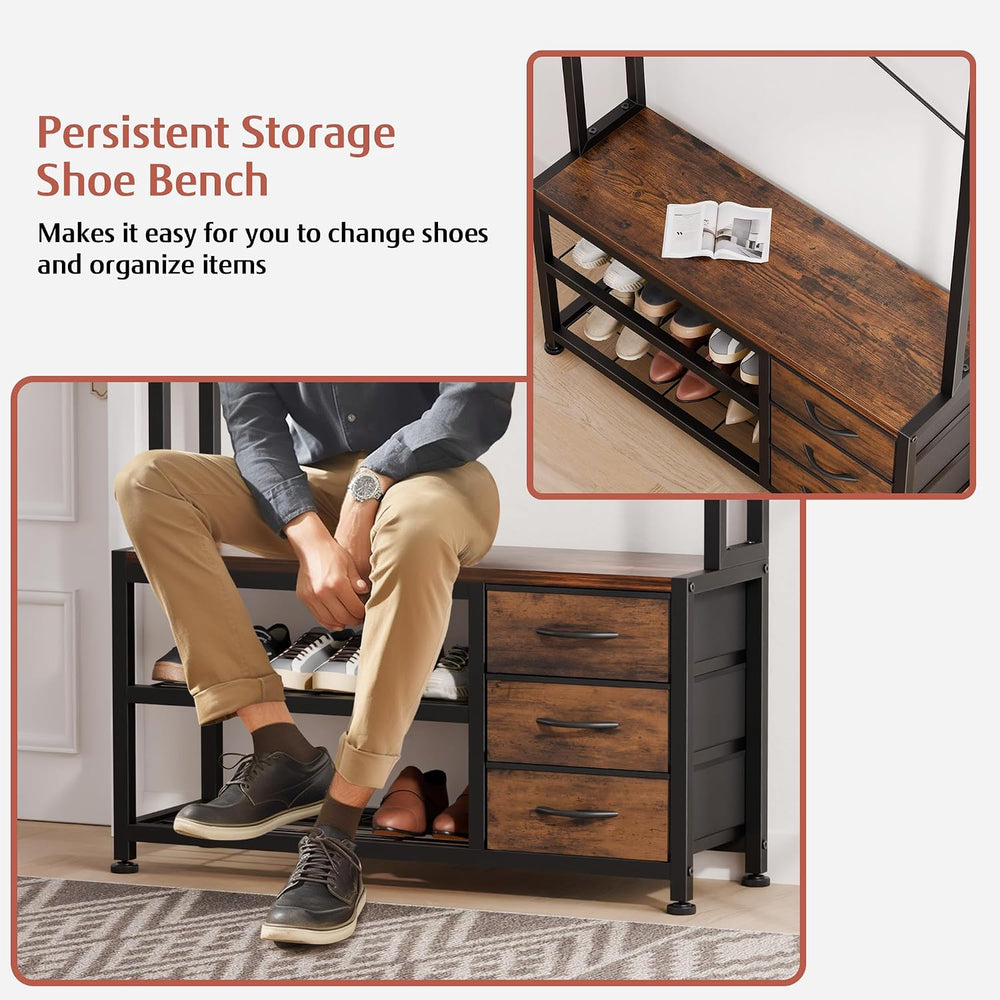Hall Tree with Bench & 3 Drawers Storage 31.5" Coat Rack Entryway Or...