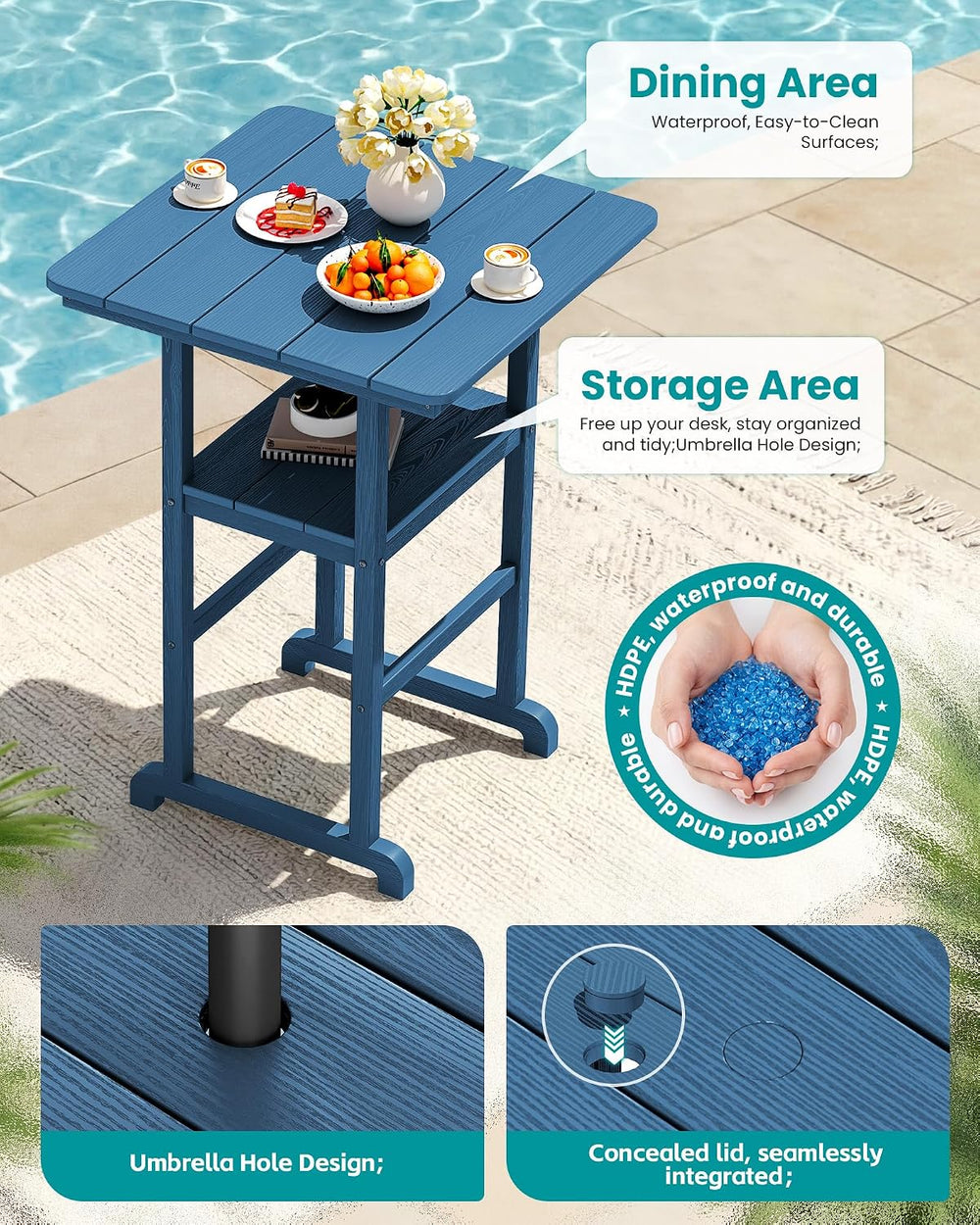 SERWALL 3 Pcs HDPE Bar Height Chairs and Double Layer Pub Table Set, Blue