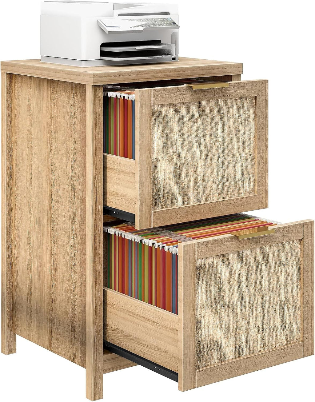 2-Drawer Rattan Small File Cabinet, Vertical Filing Cabinet, Natural Oak